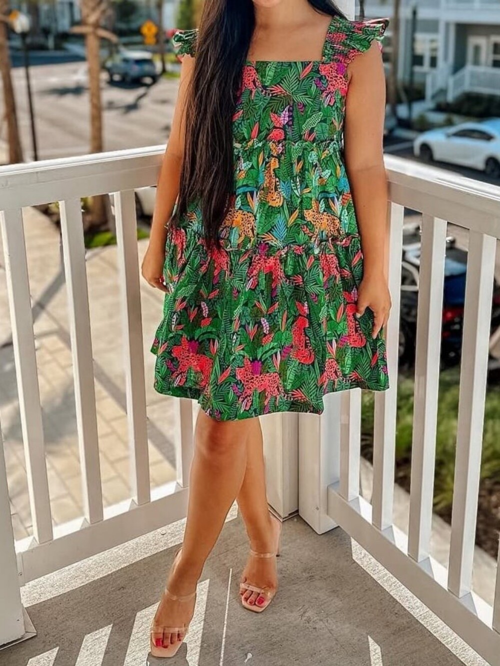 Palms Away Leopard Palm Linen Blend Mini Vaction Dress Large